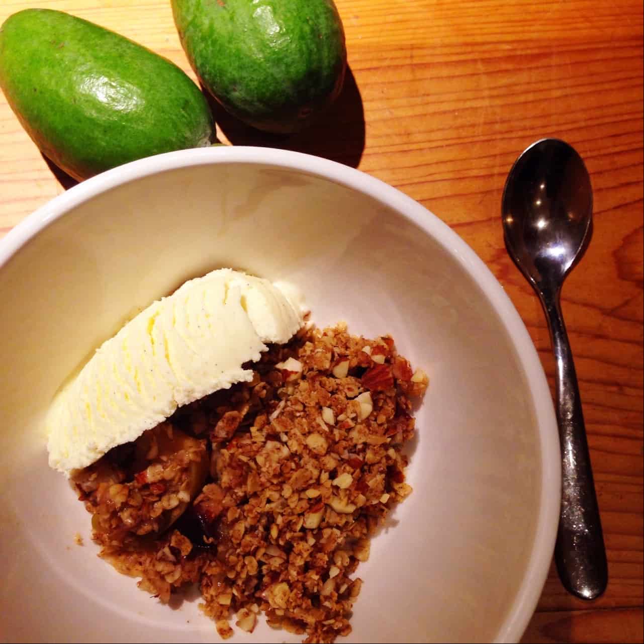 Healthy feijoa crumble - with just a tiny bit of ice cream. Yum!